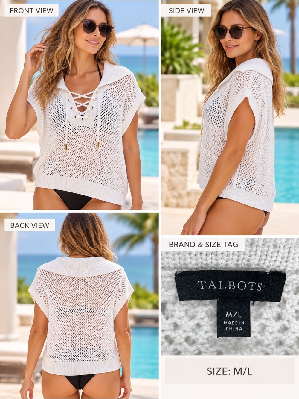 Talbots Open Knit Lace-Up Poncho Sweater Women’s M/L White 100% Cotton NWT